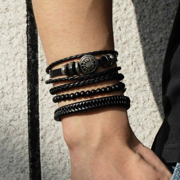 mens punk leather chain bracelet set cross woven border hemp flowers round beads fashion alloy, Black
mens punk leather chain bracelet set cross woven border hemp flowers round beads fashion alloy, Black