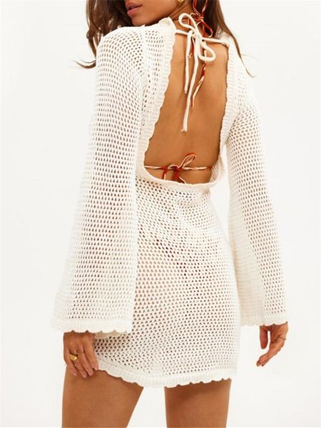 swimwear backless tie up long sleeve knitted dress summer swimsuit bikini coverups see through hollow out vneck short beach dress, White;black
swimwear backless tie up long sleeve knitted dress summer swimsuit bikini coverups see through hollow out vneck short beach dress, White;black