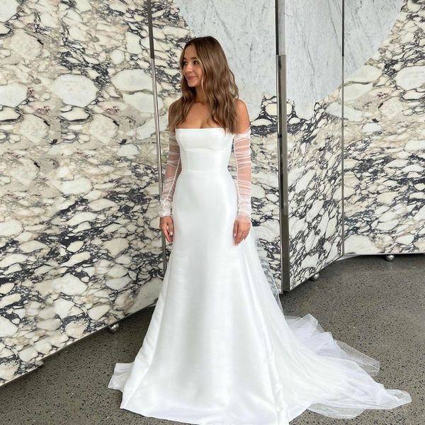 simple strapless mermaid wedding dresses ruched sleeve satin bridal gown with detachable train custom made summer robe de mariee, White
simple strapless mermaid wedding dresses ruched sleeve satin bridal gown with detachable train custom made summer robe de mariee, White