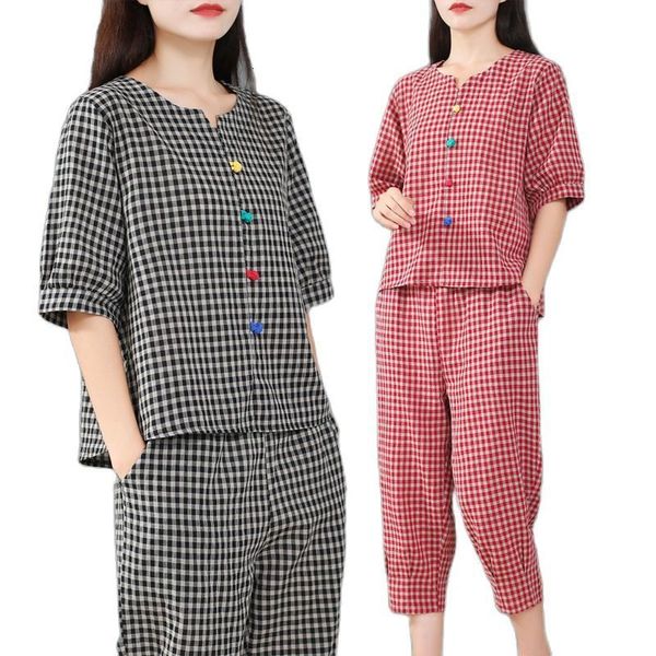 women's two piece pants female fashion cotton linen set summer short-sleeved plaid casual cropped trousers linen two-piece suit for sma, White
women's two piece pants female fashion cotton linen set summer short-sleeved plaid casual cropped trousers linen two-piece suit for sma, White