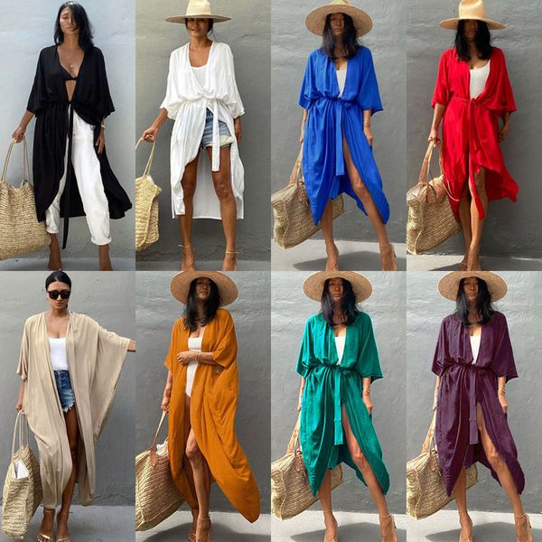 women's swimwear solid beach cover up women self belted wrap kimono dress swimsuit 2023 robe summer beachwear factory supply colorful w, White;black
women's swimwear solid beach cover up women self belted wrap kimono dress swimsuit 2023 robe summer beachwear factory supply colorful w, White;black