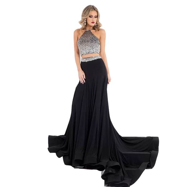 halter black beaded mermaid long evening dresses red lycra two pieces evening gown elegant backless womens formal dresses for party, Black;red
halter black beaded mermaid long evening dresses red lycra two pieces evening gown elegant backless womens formal dresses for party, Black;red