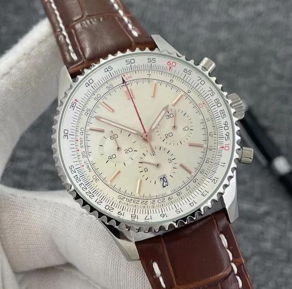 b01 46mm new quality navitimer watch chronograph quartz movement yellow gold case limited silver dial 50th anniversary men watch leather str, Slivery;brown
b01 46mm new quality navitimer watch chronograph quartz movement yellow gold case limited silver dial 50th anniversary men watch leather str, Slivery;brown