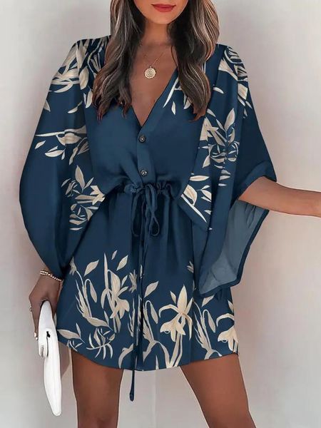 swimwear vneck flared sleeve bikini cover up for woman navy loose lace up holiday beach tunic 2023 summer mini dress beachwear, White;black