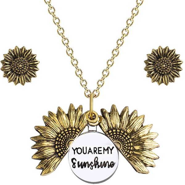 

Vintage Double Side Engraved Sunflower Pendant Necklace Sunshine Keep Going Jewelry for Women Gift