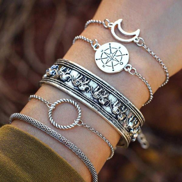 accessories open charm wide bangle elephant totem moon compass geometric 5 piece set bracelet, Golden;silver
accessories open charm wide bangle elephant totem moon compass geometric 5 piece set bracelet, Golden;silver