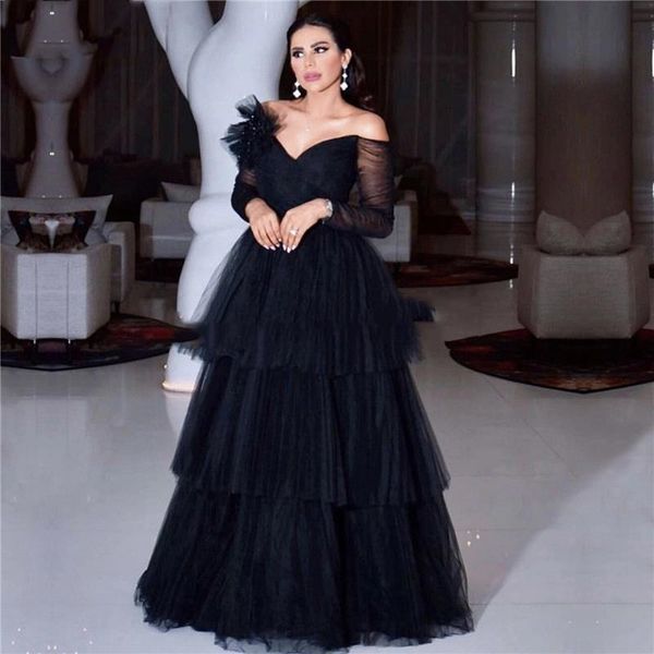 party dresses black tiered off shoulder evening latest design long sleeves aline prom gown v neck robe de soiree 230510, White;black
party dresses black tiered off shoulder evening latest design long sleeves aline prom gown v neck robe de soiree 230510, White;black