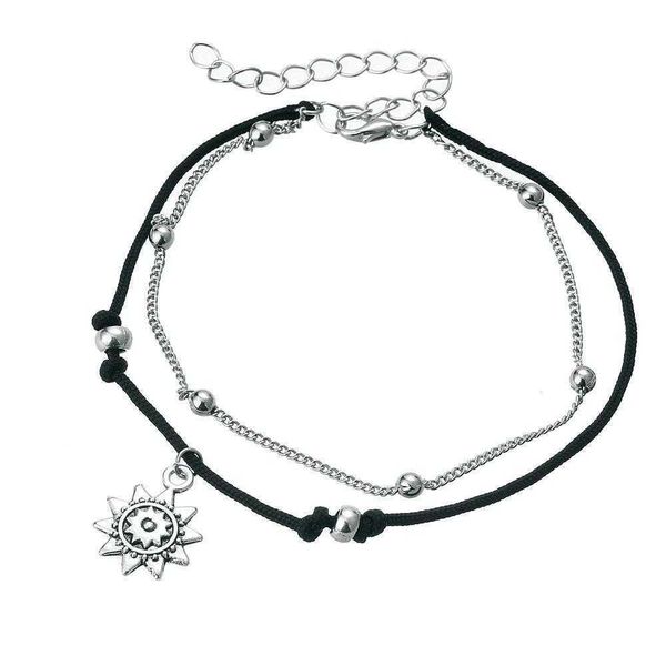 bohemian double layer link antique silver alloy sun pendant anklet vintage bead bracelet, Black
bohemian double layer link antique silver alloy sun pendant anklet vintage bead bracelet, Black