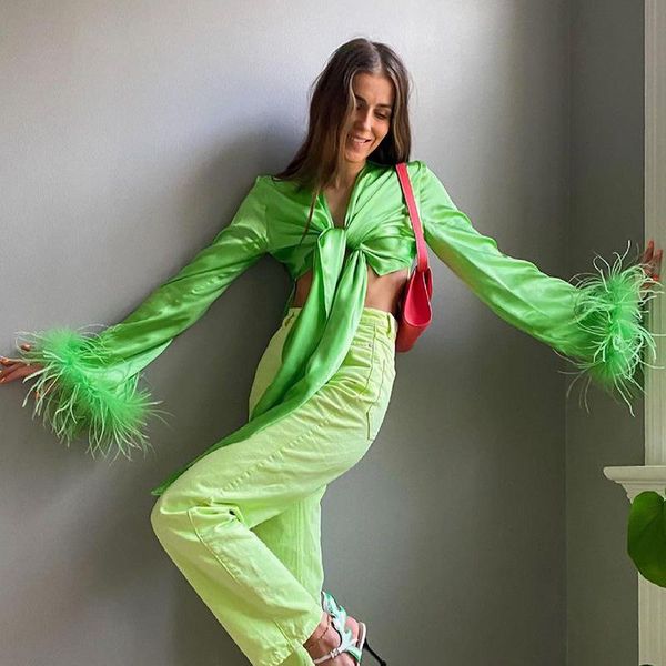 shirts women satin tshirts bow tie up slim women bandage shirt low cut long sleeve with furry feathers green satin crop top, White
shirts women satin tshirts bow tie up slim women bandage shirt low cut long sleeve with furry feathers green satin crop top, White