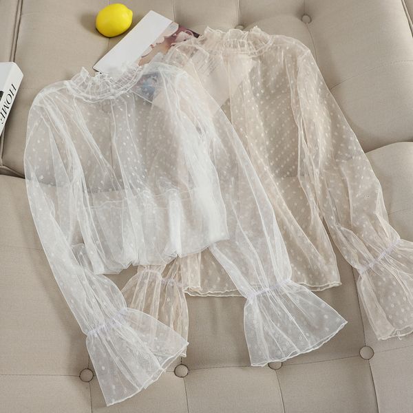 women's blouses shirts elegant women autumn flare sleeve basic voile polka dot lace ruffles shirt vintage elastic slim mesh gauze tulle, White
women's blouses shirts elegant women autumn flare sleeve basic voile polka dot lace ruffles shirt vintage elastic slim mesh gauze tulle, White