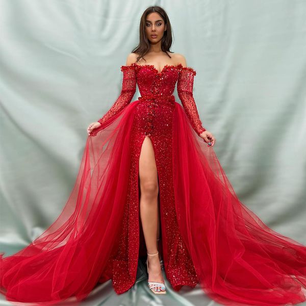 red off shoulder slit evening dresses with detachable train sequin sheath celebrity gown long sleeve crystal robe de soiree, Black;red
red off shoulder slit evening dresses with detachable train sequin sheath celebrity gown long sleeve crystal robe de soiree, Black;red