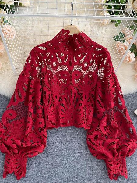 t-shirt lace hollow out short blouse casual lantern long sleeve stand collar shirts female elegant red/pink/white loose 2020
t-shirt lace hollow out short blouse casual lantern long sleeve stand collar shirts female elegant red/pink/white loose 2020