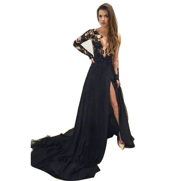 see through split formal evening dresses gown illusion long sleeve black lace plus size mermaid womens dresses for party, Black;red
see through split formal evening dresses gown illusion long sleeve black lace plus size mermaid womens dresses for party, Black;red