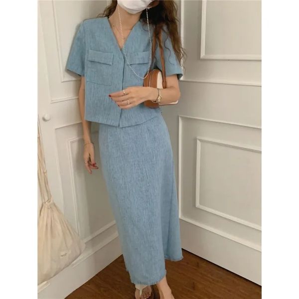 two piece dress korean dress sets women v-neck short sleeve suit igh waist back split midi skirt summer two piece sets womens outifits 23051, White
two piece dress korean dress sets women v-neck short sleeve suit igh waist back split midi skirt summer two piece sets womens outifits 23051, White
