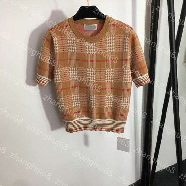 23ss womens designer clothing womens knits plaid crewneck fringe lattice short-sleeved sweater womens clothes, White