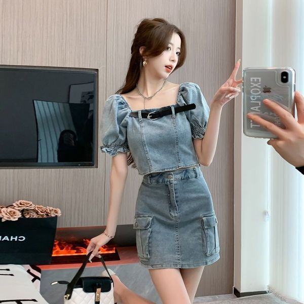 two piece dress spicy girls fashion suit women's summer arrival bubble sleeve design sense denim short skirt fashionable two piece set, White
two piece dress spicy girls fashion suit women's summer arrival bubble sleeve design sense denim short skirt fashionable two piece set, White