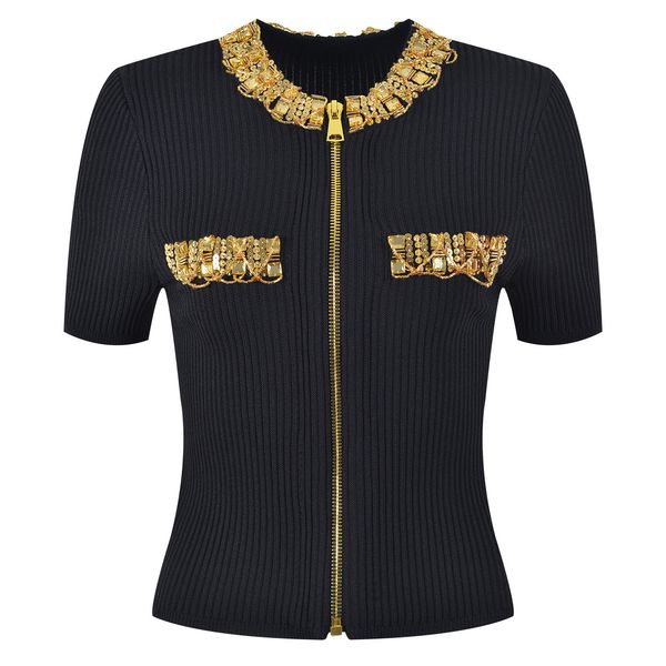 419 2023 runway summer brand same style sweater short sleeve cardigan crew neck black white khaki beads striped fashion clothes womens yl, White;black
419 2023 runway summer brand same style sweater short sleeve cardigan crew neck black white khaki beads striped fashion clothes womens yl, White;black