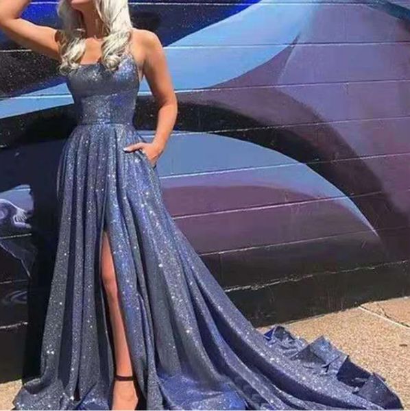 new evening dresses formal prom party gown a line spaghetti floor-length sweep train sequined long lace up backless split custom, Black
new evening dresses formal prom party gown a line spaghetti floor-length sweep train sequined long lace up backless split custom, Black