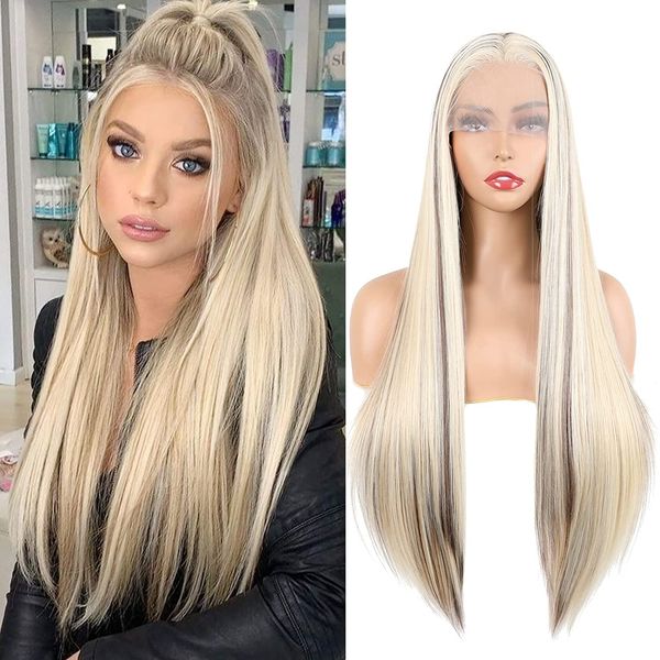 highlight blonde long straight transparent lace front synthetic hair wigs glueless pre plucked lace frontal wigs daily wear, Black
highlight blonde long straight transparent lace front synthetic hair wigs glueless pre plucked lace frontal wigs daily wear, Black