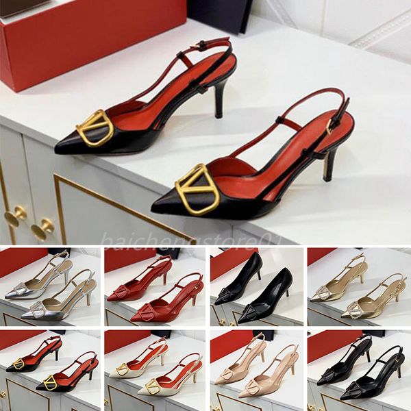 

brand sandals for women high heels pointed casual shoes classics metal buckle thin heel 6cm 8cm 10cm genuine leather shallow summer red wedd, Black