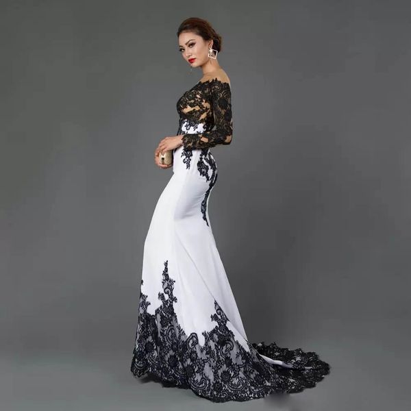 black white long sleeve mermaid evening dresses gown illusion lace applique plus size formal womens dresses for party, Black;red
black white long sleeve mermaid evening dresses gown illusion lace applique plus size formal womens dresses for party, Black;red