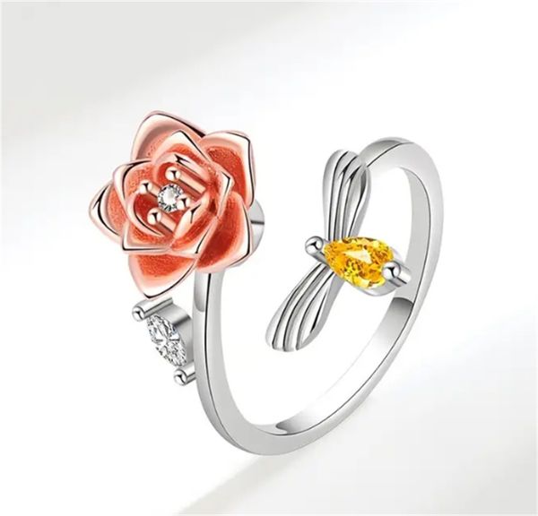 s925 sterling silver rose flower bee ring - adjustable wrap open ring for women's elegant jewelry accessories, Golden;silver
s925 sterling silver rose flower bee ring - adjustable wrap open ring for women's elegant jewelry accessories, Golden;silver