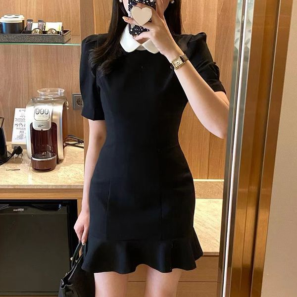 casual dresses korean chic package hip fishtail dress contrast color turn-down collar puff sleeve mini robe summer elegant vestidos 230512, Black;gray 
casual dresses korean chic package hip fishtail dress contrast color turn-down collar puff sleeve mini robe summer elegant vestidos 230512, Black;gray