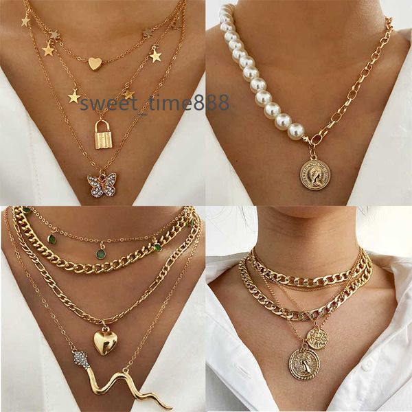 2022 vintage multi-layer gold chain necklace personalized pearl butterfly portrait pendant choker necklace for women jewelry, Silver 
2022 vintage multi-layer gold chain necklace personalized pearl butterfly portrait pendant choker necklace for women jewelry, Silver