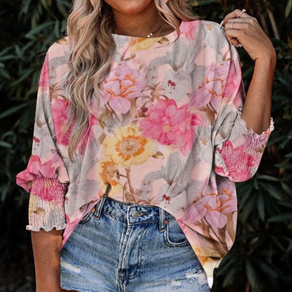 pink all floral puff sleeve collared shirt, White