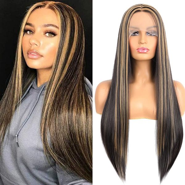 highlight blonde brown long straight transparent lace front synthetic hair wigs glueless pre plucked lace frontal wigs daily wear, Black
highlight blonde brown long straight transparent lace front synthetic hair wigs glueless pre plucked lace frontal wigs daily wear, Black