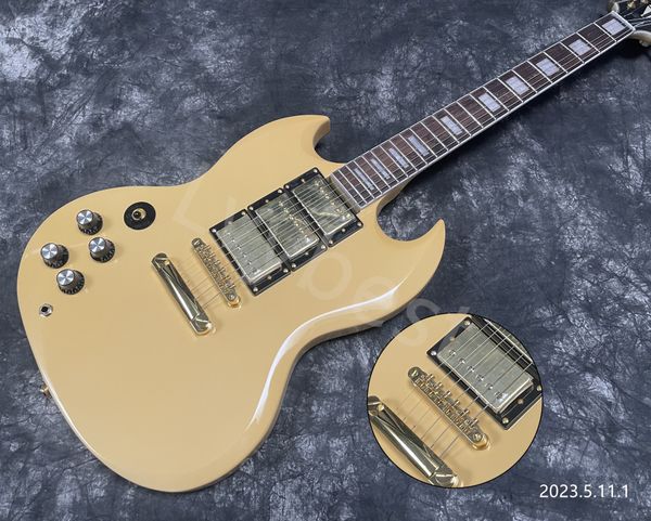 left hand electric guitar cream sold color gold parts hhh pickups tune o matic bridge and stail white binding rosewood finge
left hand electric guitar cream sold color gold parts hhh pickups tune o matic bridge and stail white binding rosewood finge