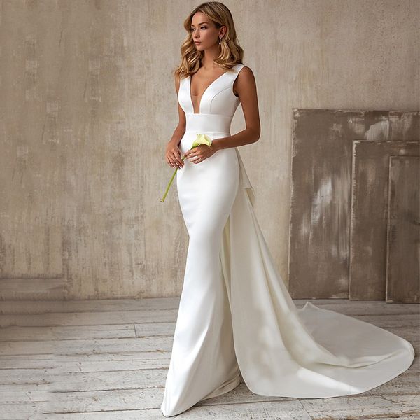 mermaid wedding dresses with detachable train bow simple v-neck open back satin bride party gowns robe de mariee vestidos de noiva, White
mermaid wedding dresses with detachable train bow simple v-neck open back satin bride party gowns robe de mariee vestidos de noiva, White