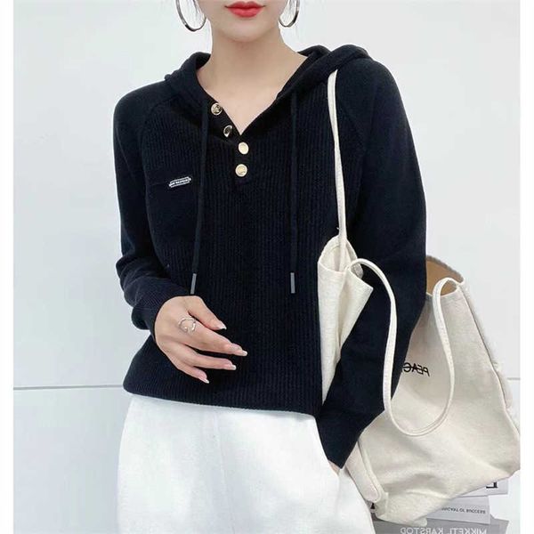 women's long sleeved knitted loose and lazy, versatile 2023 single breasted hooded sweater for women{category}, Black
women's long sleeved knitted loose and lazy, versatile 2023 single breasted hooded sweater for women{category}, Black