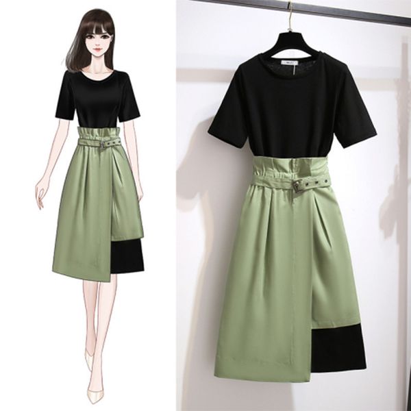 two piece dress simple fashion solid color suits black mid-length cotton t-shirt dresses and fower bud split irregular skirt two-piece set w, White
two piece dress simple fashion solid color suits black mid-length cotton t-shirt dresses and fower bud split irregular skirt two-piece set w, White