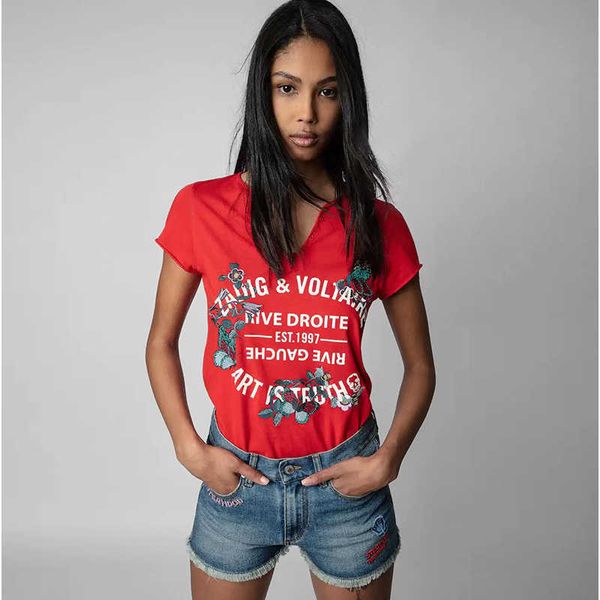 zadig voltaire 23ss summer cotton new women designer t shirt classic letter print flower embroidery u neck short sleeve, White
zadig voltaire 23ss summer cotton new women designer t shirt classic letter print flower embroidery u neck short sleeve, White