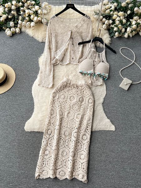 two piece dress singreiny knit casual three sets women lace cardigan backless halter camisole elastic waist long skirt beach style suit 2305, White
two piece dress singreiny knit casual three sets women lace cardigan backless halter camisole elastic waist long skirt beach style suit 2305, White