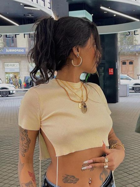 t-shirt 2022 trendy side split tie up rib crop summer women solid short sleeve o neck slim tshirt exposed navel tee streetwear, White
t-shirt 2022 trendy side split tie up rib crop summer women solid short sleeve o neck slim tshirt exposed navel tee streetwear, White