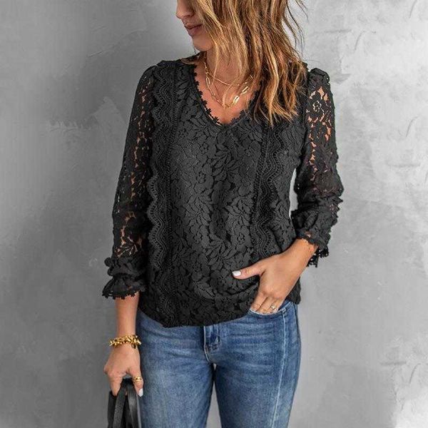 womens autumn solid color lace blouses v neck loose casual long sleeves t shirt, White
womens autumn solid color lace blouses v neck loose casual long sleeves t shirt, White