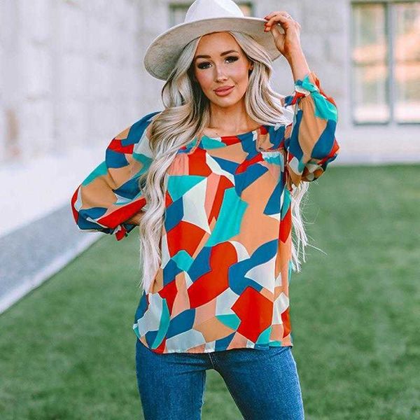 colored geometric blocks printed chiffon shirt womens autumn loose smocking puff sleeve top, White
colored geometric blocks printed chiffon shirt womens autumn loose smocking puff sleeve top, White