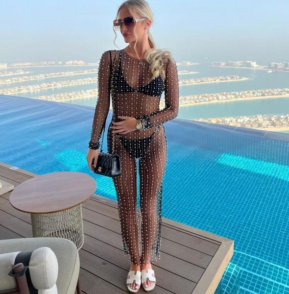 swimwear women holiday bikini coverups beach dress long sleeve dress with pearl decoration see through mesh sheer pool party dress, White;black
swimwear women holiday bikini coverups beach dress long sleeve dress with pearl decoration see through mesh sheer pool party dress, White;black