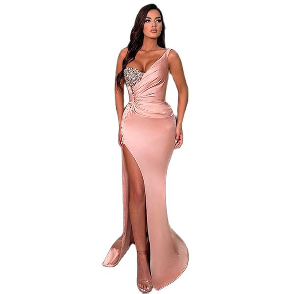 modest pink one shoulder prom dresses with split beadings satin bead mermaid evening party gowns sweep train vestidos de fiesta, Black
modest pink one shoulder prom dresses with split beadings satin bead mermaid evening party gowns sweep train vestidos de fiesta, Black