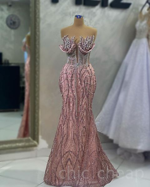 

Aso Ebi 2023 Arabic Mermaid Crystals Prom Dress Pink Sequined Lace Evening Formal Party Second Reception Birthday Engagement Gowns Dresses Robe de Soiree SH030, Champagne