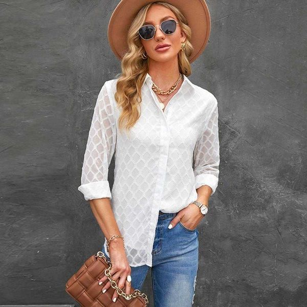 spring and summer tulle long sleeved lace shirt women lapel single breasted loose top, White
spring and summer tulle long sleeved lace shirt women lapel single breasted loose top, White