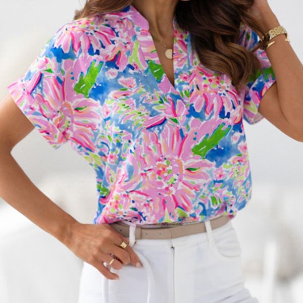 rose abstract floral print notch v neck rolled short sleeve blouse, White