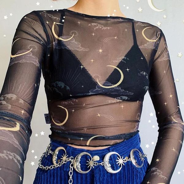 t-shirt women sheer mesh tshirt see through transparent long sleeve oneck slim blouse sun moon print tee clubwear streetwear, White
t-shirt women sheer mesh tshirt see through transparent long sleeve oneck slim blouse sun moon print tee clubwear streetwear, White