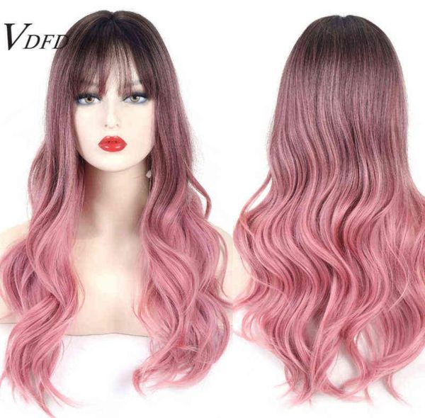 hair vdfd pink with bangs cosplay heat friendly synthetic natural ombre rose gold long wavy fake for women daily 2203016196169, Black;brown