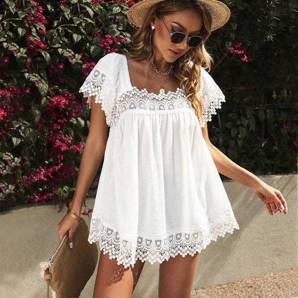 summer solid color casual lace shirt womens loose all match u neck short sleeved top, White
summer solid color casual lace shirt womens loose all match u neck short sleeved top, White