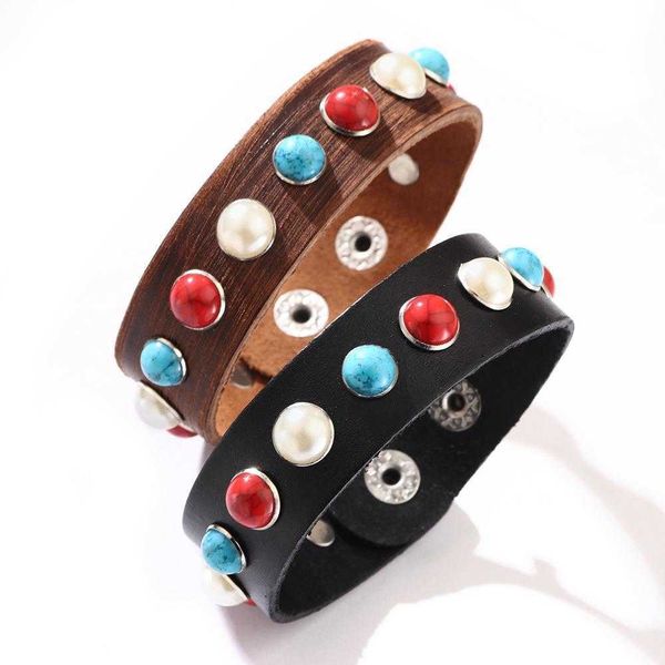 fashion leather bracelet personalized blue turquoise white pearl inlaid temperament entry lux for women, Golden;silver
fashion leather bracelet personalized blue turquoise white pearl inlaid temperament entry lux for women, Golden;silver