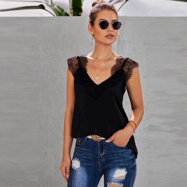 womens outer vest t shirt summer european v neck sleeveless lace splicing sling top, White
womens outer vest t shirt summer european v neck sleeveless lace splicing sling top, White