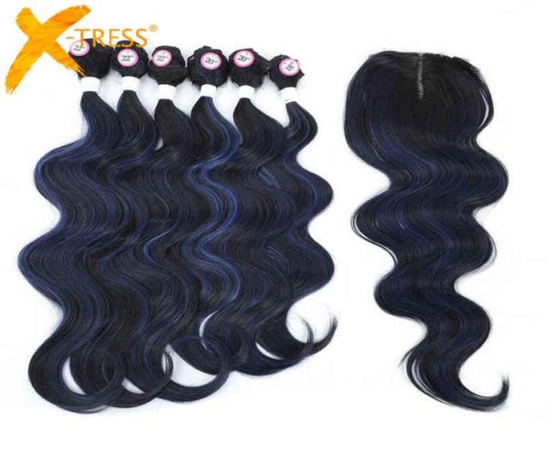 6 bundles with closure synthetic hair extensions for women body wave blue color highlight xtress natural look cosplay hairpiece h7496158, Black
6 bundles with closure synthetic hair extensions for women body wave blue color highlight xtress natural look cosplay hairpiece h7496158, Black